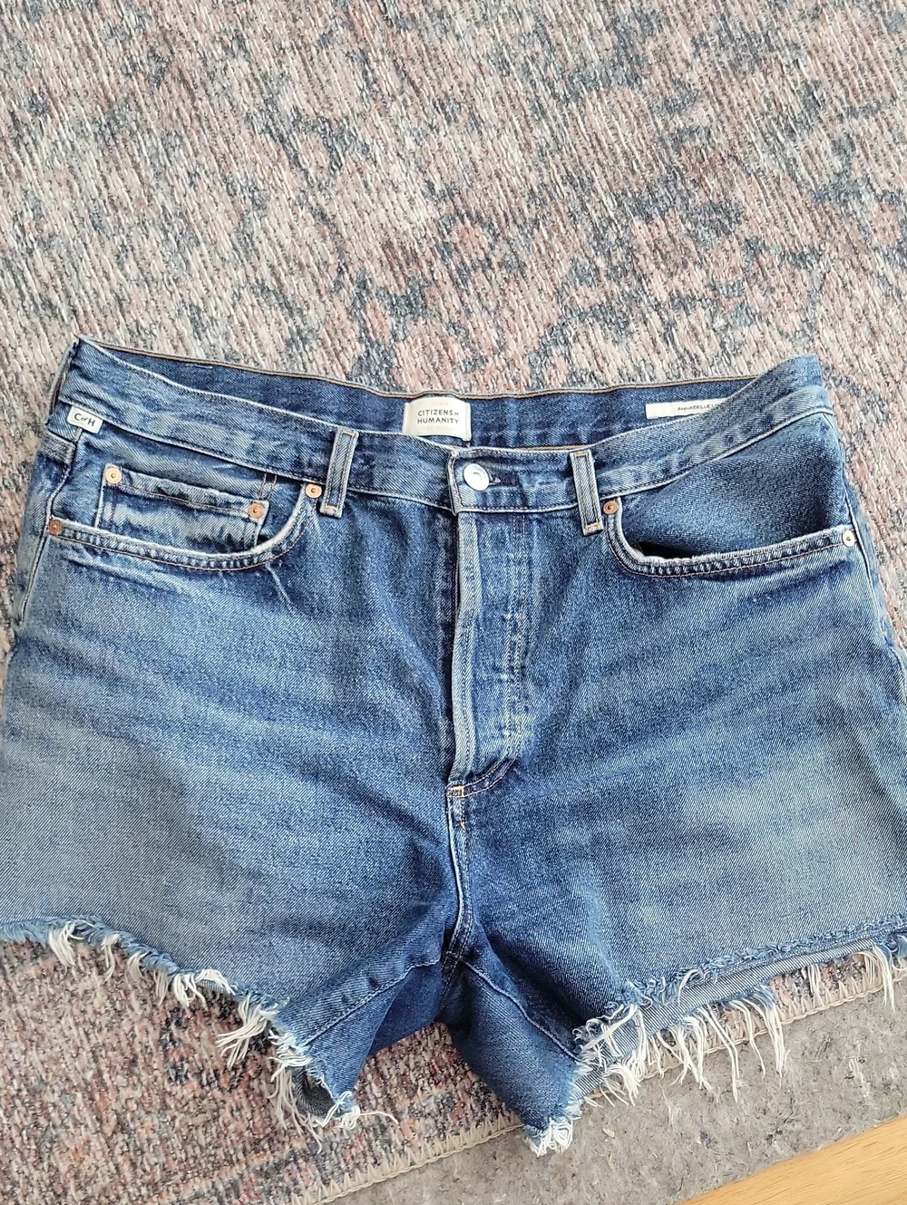 Citizens Of Humanity Annabelle LONG Medium Blue Frayed Denim Shorts